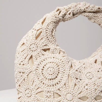 Ivory crochet boho hobo bag for women, soft handmade-style shoulder bag, lightweight woven polyester summer tote, perfect for travel, beach, city, everyday outfits, casual style accessory 2025, compact 26x13cm neutral purse with twisted handle