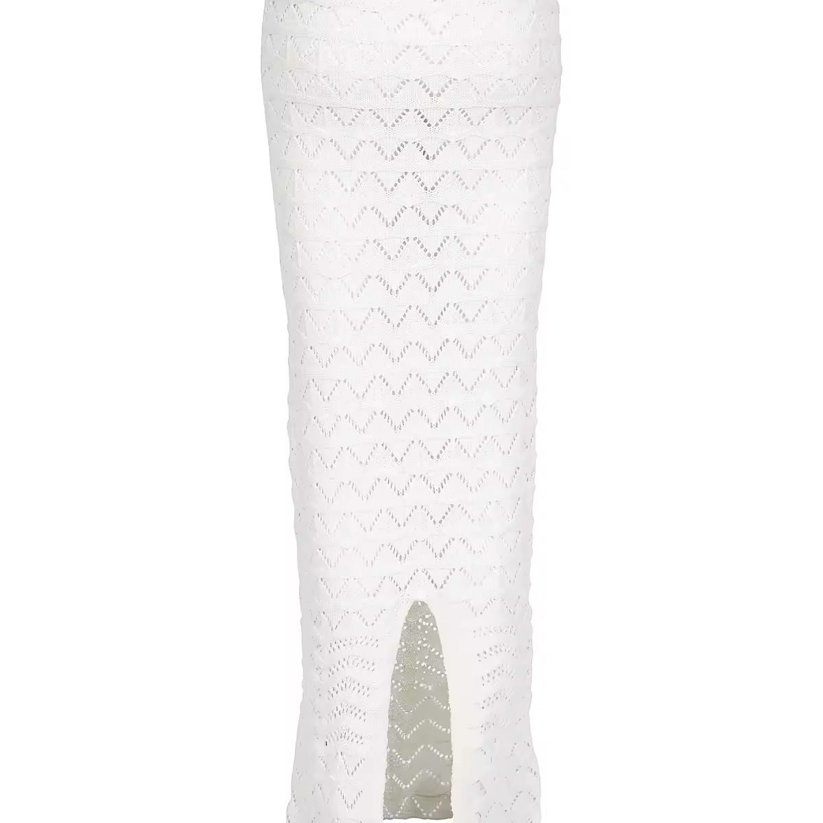 Two-piece Sahara Boho crochet outfit for women in white and brown, featuring an off-shoulder long sleeve crop top and high-waisted maxi skirt with drawstring, perfect for beachwear, festivals, and summer vacations
