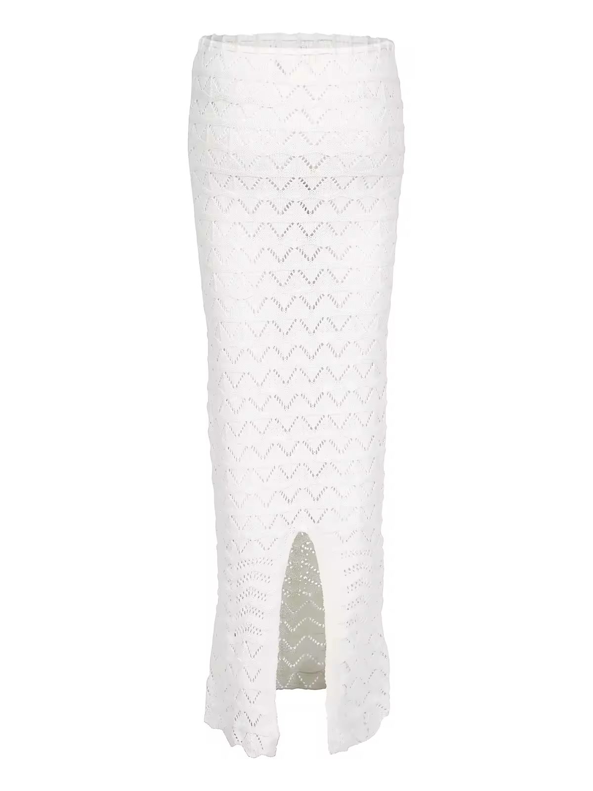 Two-piece Sahara Boho crochet outfit for women in white and brown, featuring an off-shoulder long sleeve crop top and high-waisted maxi skirt with drawstring, perfect for beachwear, festivals, and summer vacations