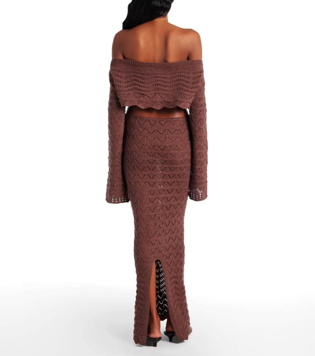 Full styled Sahara Boho look with crochet two-piece set, accessorized with sunglasses, beach hat, and sandals, perfect for a boho-chic summer vibe.
