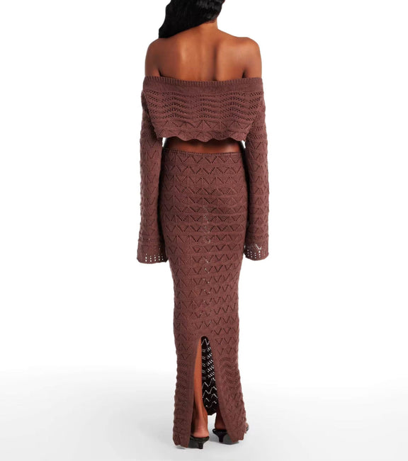 Full styled Sahara Boho look with crochet two-piece set, accessorized with sunglasses, beach hat, and sandals, perfect for a boho-chic summer vibe.