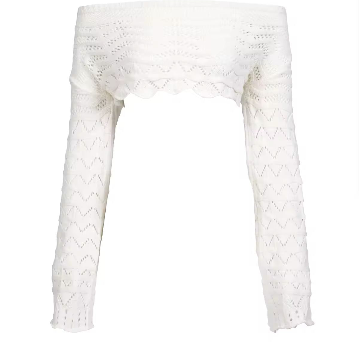 Close-up of crochet off-shoulder long sleeve crop top from Sahara Boho Outfit, featuring detailed knit design and soft, breathable material.
