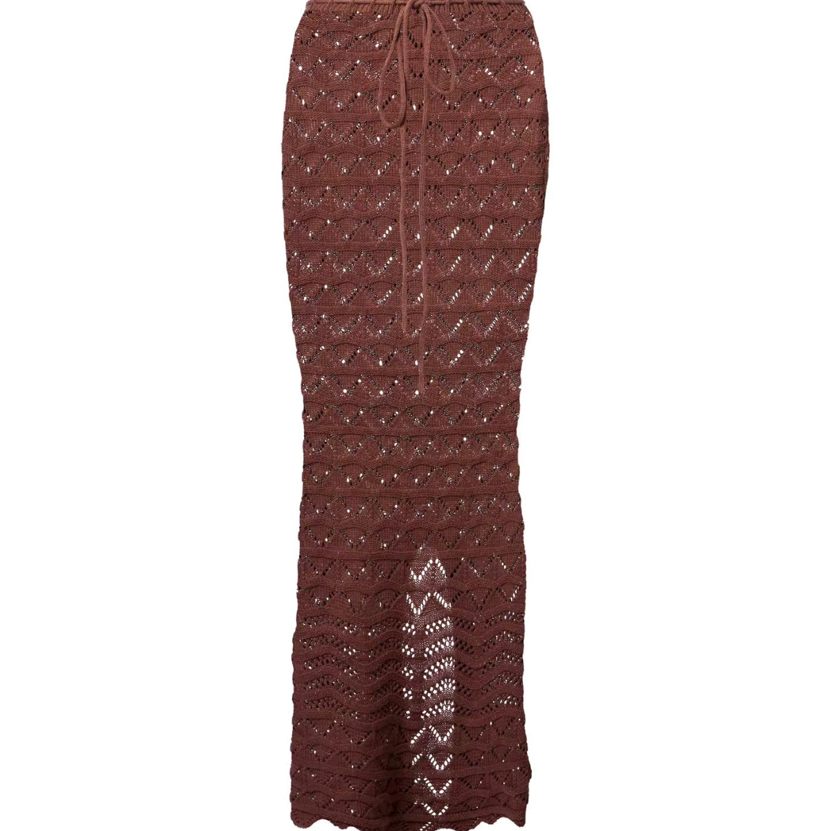 Close-up of Sahara Boho high-waisted maxi skirt with adjustable drawstring and side slit, showcasing lightweight crochet fabric in white and brown.