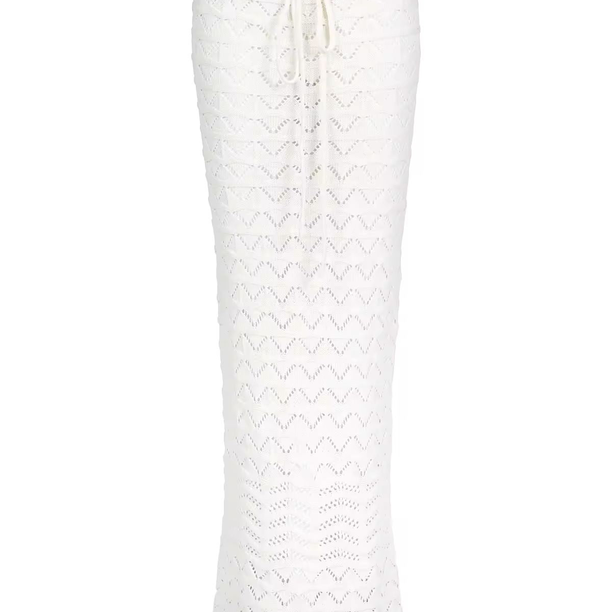 Two-piece Sahara Boho crochet outfit for women in white and brown, featuring an off-shoulder long sleeve crop top and high-waisted maxi skirt with drawstring, perfect for beachwear, festivals, and summer vacations