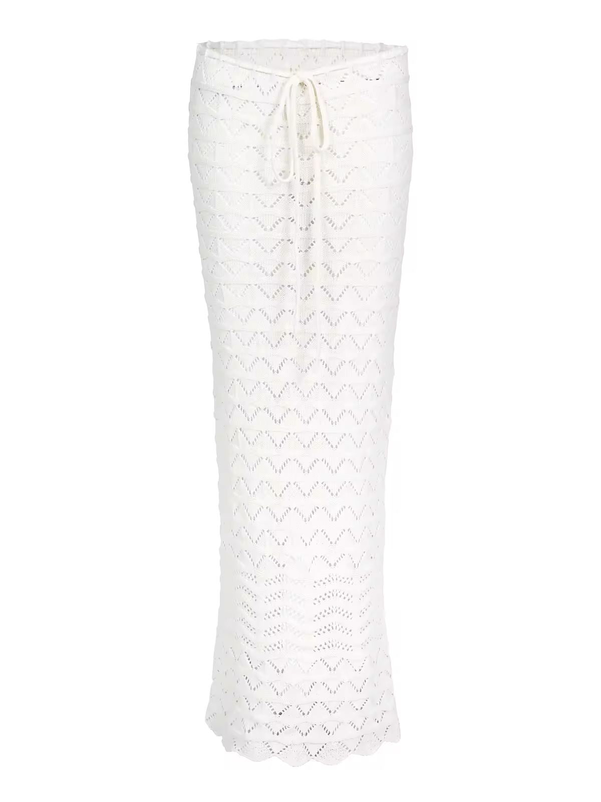 Two-piece Sahara Boho crochet outfit for women in white and brown, featuring an off-shoulder long sleeve crop top and high-waisted maxi skirt with drawstring, perfect for beachwear, festivals, and summer vacations