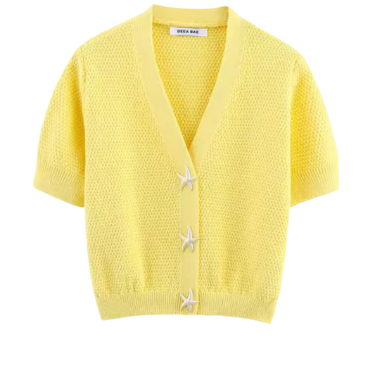 Sea Star Cardigan in sunny yellow – women’s summer short sleeve knit cardigan with starfish buttons
