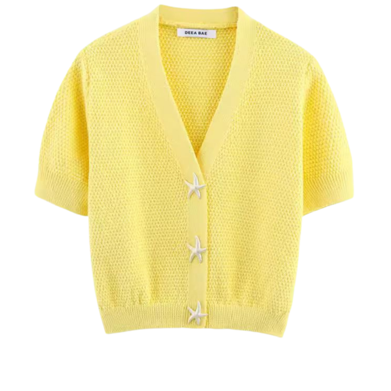 Sea Star Cardigan in sunny yellow – women’s summer short sleeve knit cardigan with starfish buttons
