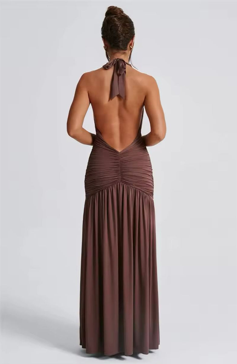 Selena Backless Maxi Dress Braun – Sexy rückenfreies Kleid mit tiefem V-Ausschnitt, figurbetont & elegant. Enganliegendes Neckholder-Abendkleid für Damen, perfekt als Partykleid, Cocktailkleid oder Hochzeitsgast-Outfit. Verführerische Fit & Flare Silhouette, Luxus-Damenmode, modernes langes Abendkleid für besondere Anlässe. Damenkleider online kaufen, modische Frauenmode 2025, sexy & schickes Kleid für Club, Dinner oder Date Night. | Elegant brown backless maxi dress, deep V-neck, bodycon fit, Fashion.