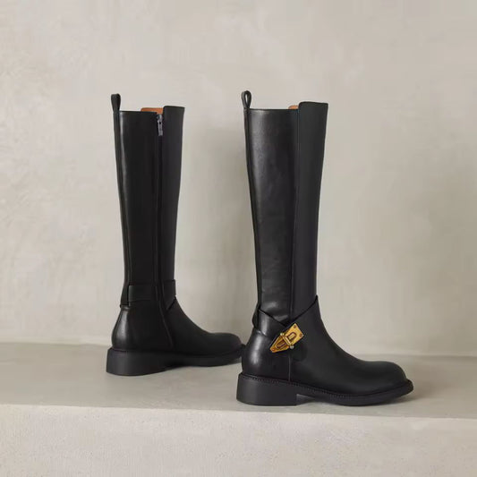 Side view Selene Luxe women’s knee high riding boots, leather, plush lining, 3.5 cm block heel, elegant winter collection 2025
