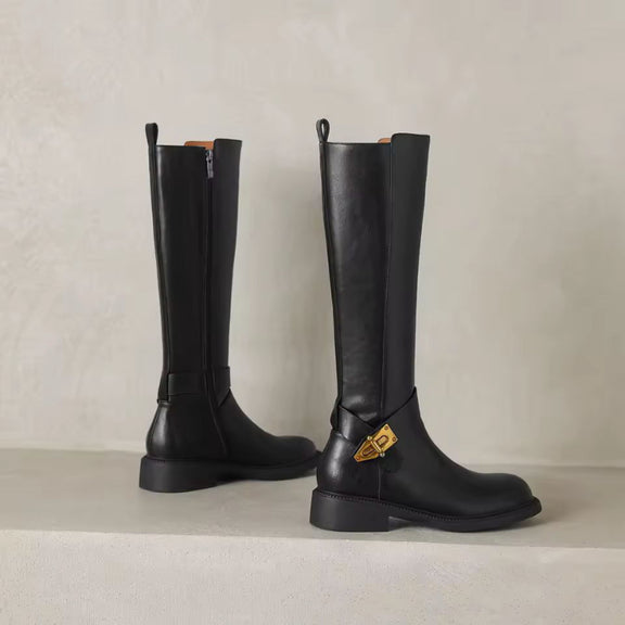 Side view Selene Luxe women’s knee high riding boots, leather, plush lining, 3.5 cm block heel, elegant winter collection 2025
