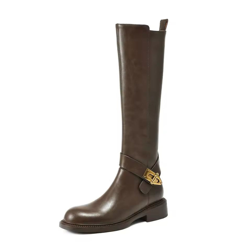 Selene Luxe women’s brown leather riding boots, knee high, round toe, 3.5 cm block heel, gold buckle, winter fashion 2025
