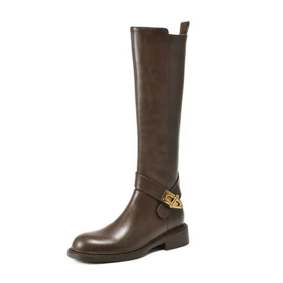 Selene Luxe women’s brown leather riding boots, knee high, round toe, 3.5 cm block heel, gold buckle, winter fashion 2025
