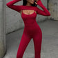 Sexy Hollow Out Jumpsuits Sets Women Fashion Solid Long Sleeve Shawl and Jumpsuits Female Elegant Two Piece Sets