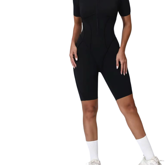 NIKI POWERFORM black sculpting yoga jumpsuit for women – zipper front, open back, compression fit, short sleeve activewear