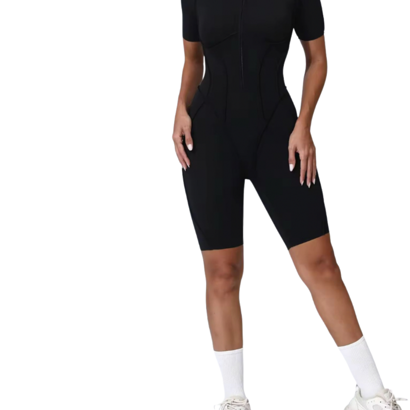 NIKI POWERFORM black sculpting yoga jumpsuit for women – zipper front, open back, compression fit, short sleeve activewear