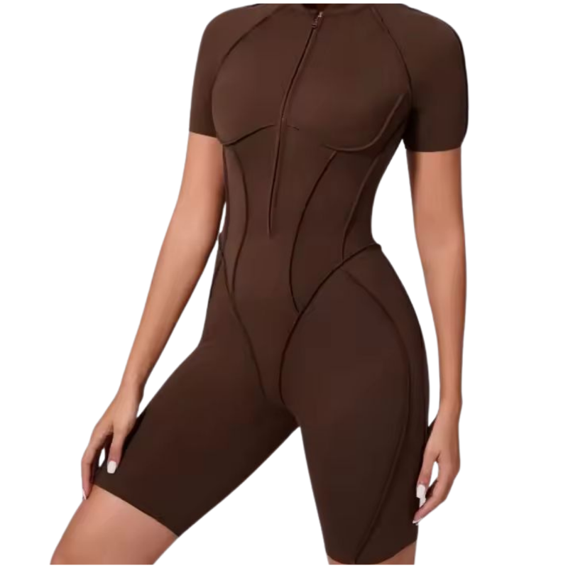 Mocha brown NIKI POWERFORM zip sports jumpsuit for women – sculpting activewear with chest padding and body-hugging fit