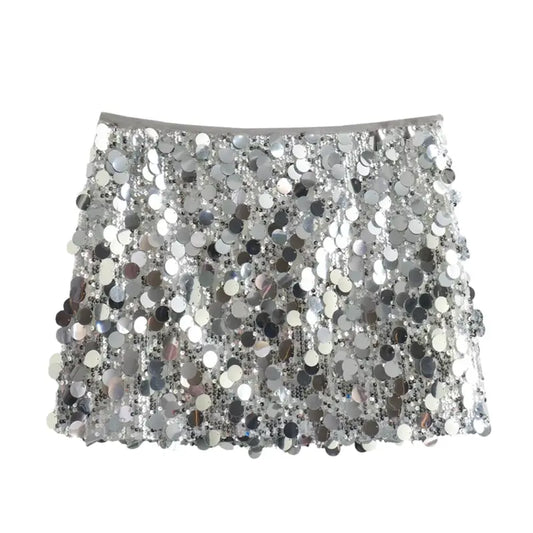 Close-up of the shimmering sequins on the Sequin Skirt, showcasing the dynamic texture and vibrant colors.