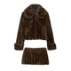 Mira Faux Fur Edition – short brown jacket and mini skirt, soft plush texture, winter outfit for women.
