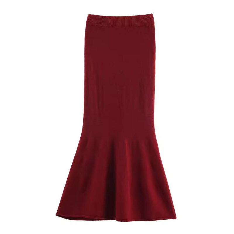 Elegant women’s 3-piece knit set with cardigan, strap top and trumpet skirt in soft fine knit fabric – autumn winter premium knitwear outfit, minimalist style.
