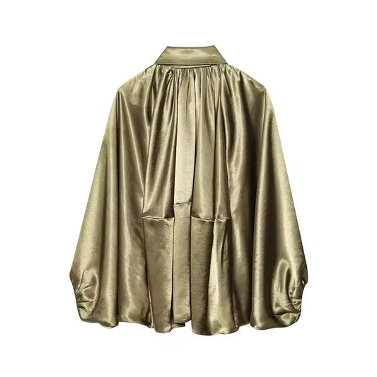 Olive gold satin‑feel blouse with convertible collar and wide draped sleeves
