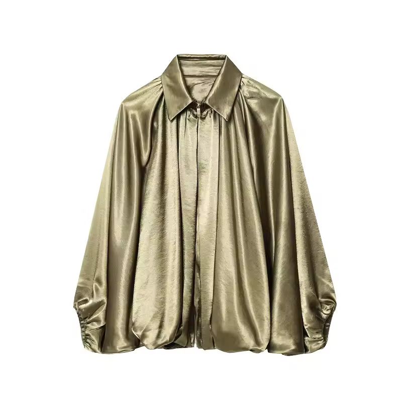 Olive gold satin‑feel blouse with convertible collar and wide draped sleeves
