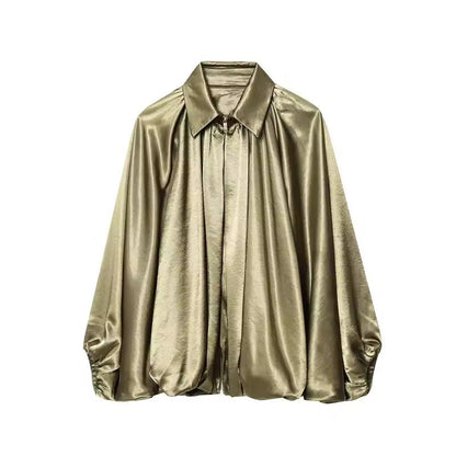 Olive gold satin‑feel blouse with convertible collar and wide draped sleeves
