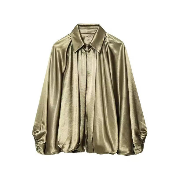 Olive gold satin‑feel blouse with convertible collar and wide draped sleeves
