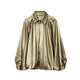 Olive gold satin‑feel blouse with convertible collar and wide draped sleeves
