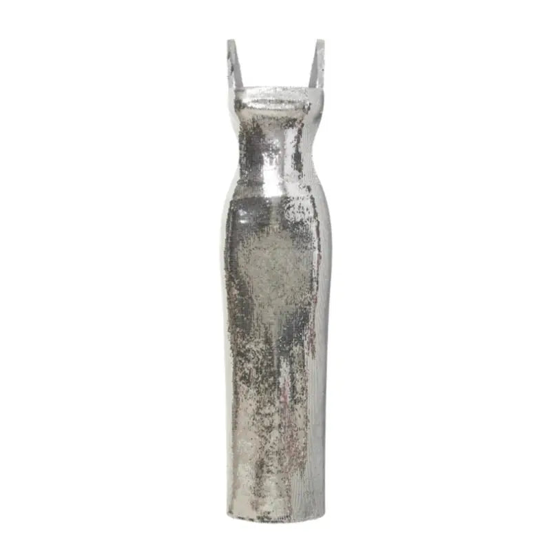 Silver Gleam Sequin Dress featuring a stunning backless design with shimmering sequins for elegant occasions.