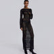 Long sleeve metallic knit gown in black and olive, sheer bodycon design with geometric lines and shimmer – SIRENA by Chic & Charm