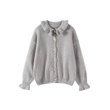 Soft knit cardigan for women with ruffled collar and cuffs, front button closure, ribbed hem, made in Italy – stylish and elegant women’s cardigan for casual and formal outfits.