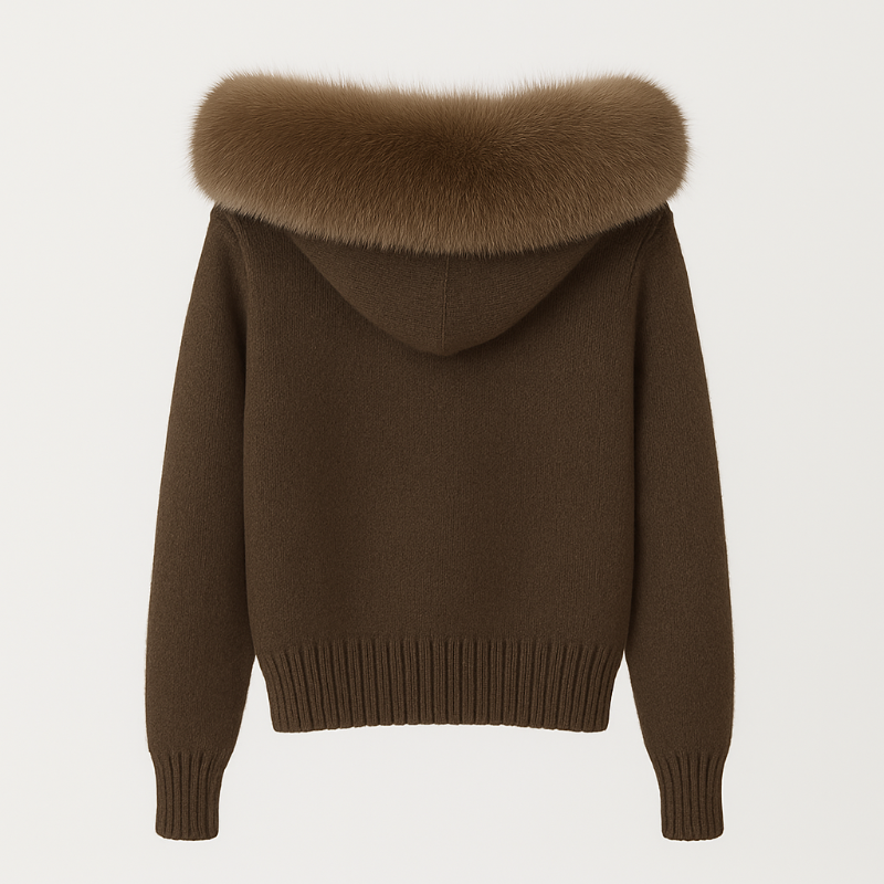 ST. MORITZ FUR Knit Jacket with natural Mongolian fox fur collar, extra-heavy knit, zipper, hood, women’s luxury winter coat