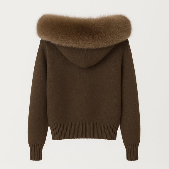 ST. MORITZ FUR Knit Jacket with natural Mongolian fox fur collar, extra-heavy knit, zipper, hood, women’s luxury winter coat