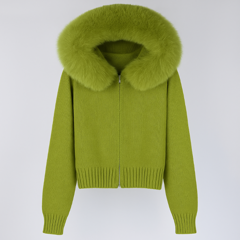 ST. MORITZ FUR Knit Jacket for women, natural fox fur collar, heavy viscose-polyester knit, warm hooded winter coat with zipper.