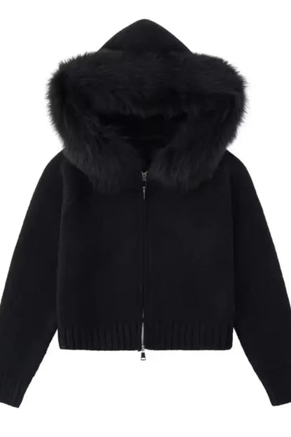 ST. MORITZ FUR Knit Jacket for women, natural fox fur collar, heavy viscose-polyester knit, warm hooded winter coat with zipper.