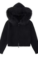 ST. MORITZ FUR Knit Jacket for women, natural fox fur collar, heavy viscose-polyester knit, warm hooded winter coat with zipper.