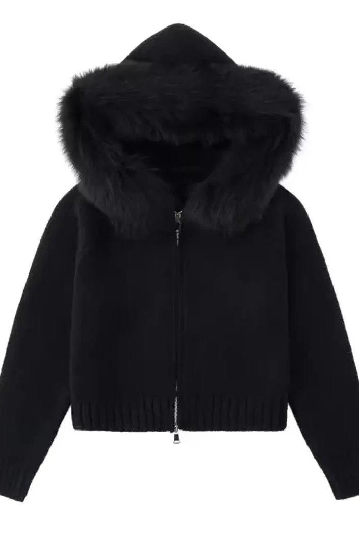 ST. MORITZ FUR Knit Jacket for women, natural fox fur collar, heavy viscose-polyester knit, warm hooded winter coat with zipper.