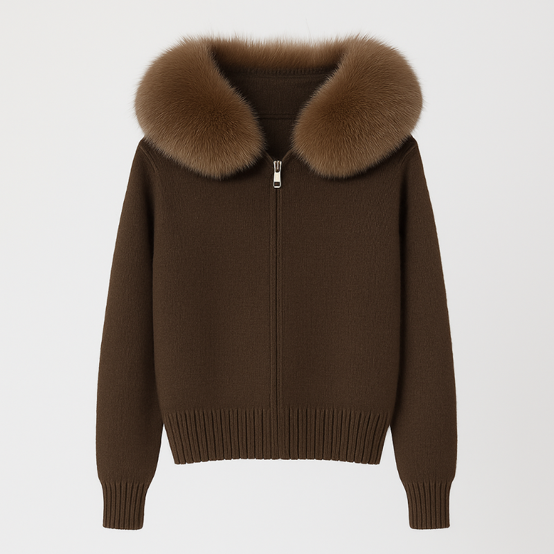 ST. MORITZ FUR Knit Jacket with natural Mongolian fox fur collar, extra-heavy knit, zipper, hood, women’s luxury winter coat