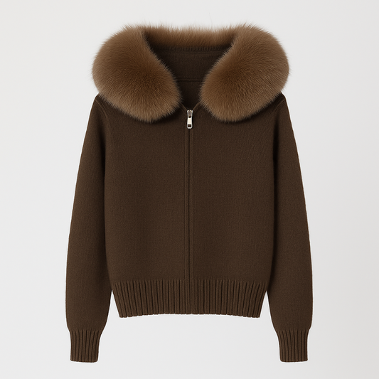 ST. MORITZ FUR Knit Jacket with natural Mongolian fox fur collar, extra-heavy knit, zipper, hood, women’s luxury winter coat