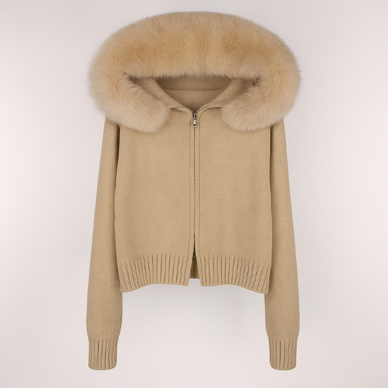 Women’s luxury winter knit jacket with real Mongolian fox fur collar, heavy-knit fabric, hood and zipper – ST. MORITZ FUR edition in multiple colors