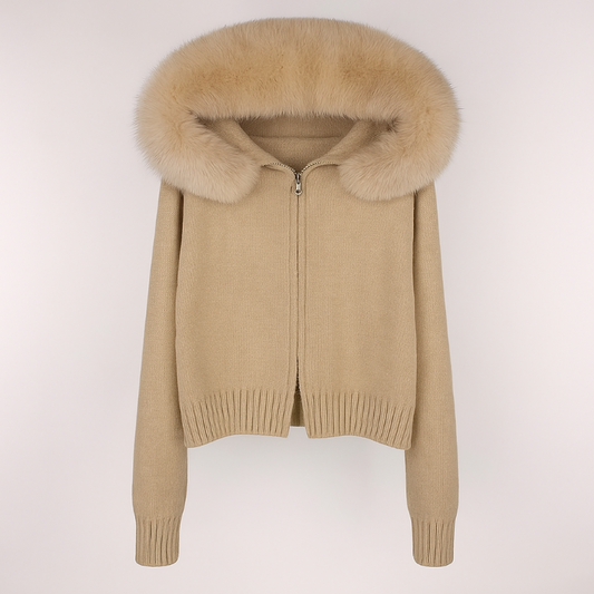 Women’s luxury winter knit jacket with real Mongolian fox fur collar, heavy-knit fabric, hood and zipper – ST. MORITZ FUR edition in multiple colors