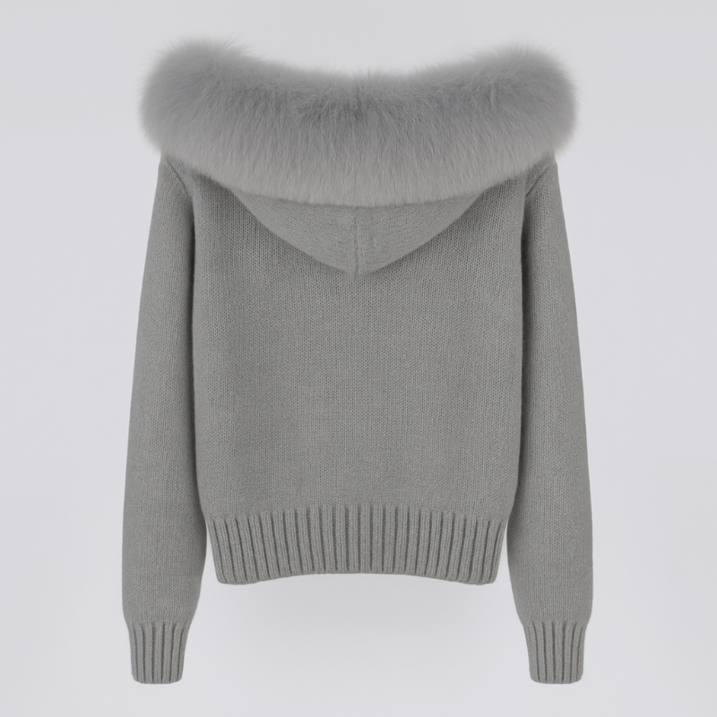 Women’s luxury winter knit jacket with real Mongolian fox fur collar, heavy-knit fabric, hood and zipper – ST. MORITZ FUR edition in multiple colors