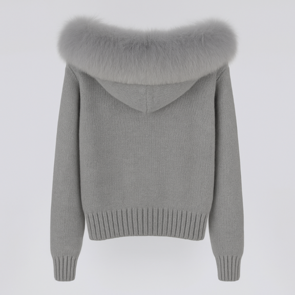 Women’s luxury winter knit jacket with real Mongolian fox fur collar, heavy-knit fabric, hood and zipper – ST. MORITZ FUR edition in multiple colors