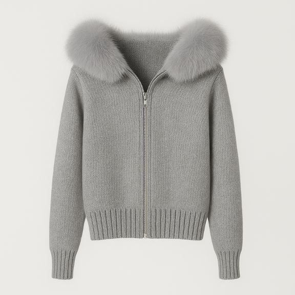 Women’s luxury winter knit jacket with real Mongolian fox fur collar, heavy-knit fabric, hood and zipper – ST. MORITZ FUR edition in multiple colors