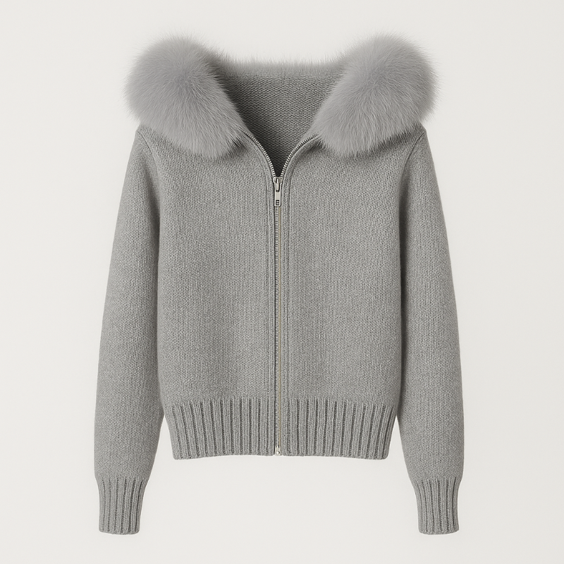 Women’s luxury winter knit jacket with real Mongolian fox fur collar, heavy-knit fabric, hood and zipper – ST. MORITZ FUR edition in multiple colors