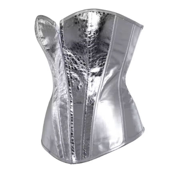 Women’s silver metallic Starlight Diva corset, shiny faux leather bustier top for festival, burlesque and clubwear
