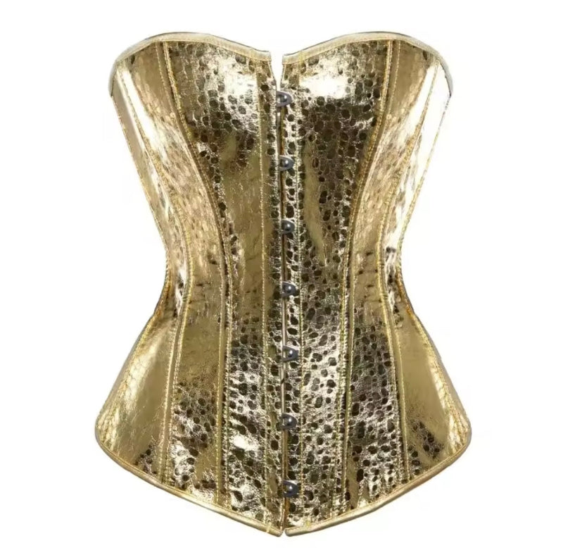 Shiny gold faux leather bustier corset, Starlight Diva hourglass waist shaping top for burlesque and festival outfits
