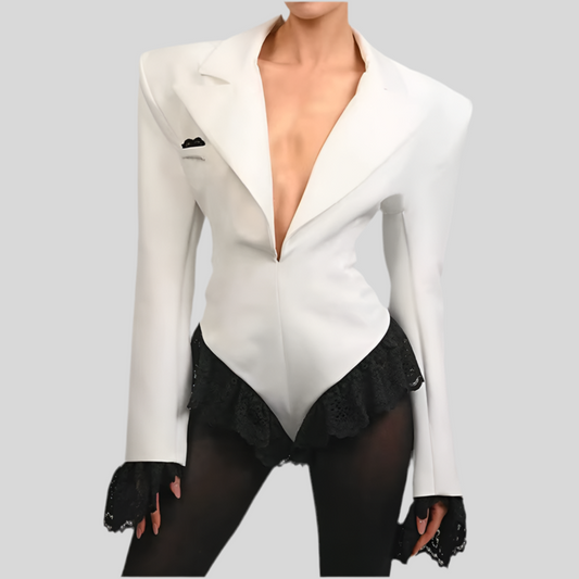 Chic ruffled blazer bodysuit with stylish lapel collar and long sleeves, perfect for modern women."
