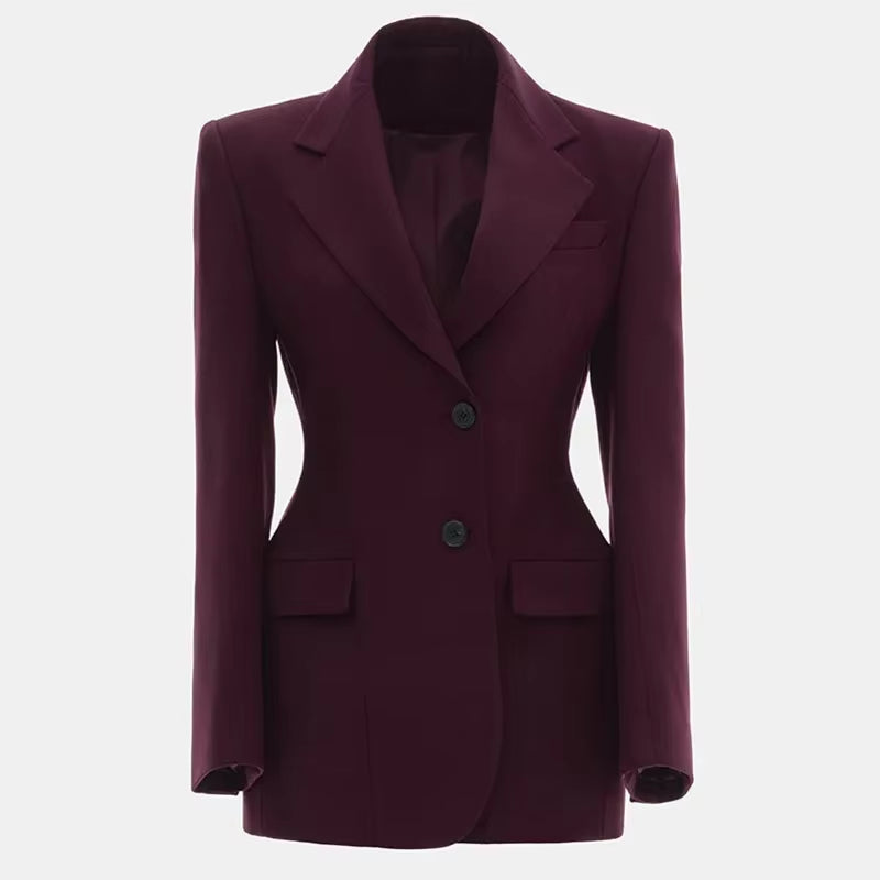 Front View of Stylish Women's Slim Blazer with Lapel Collar and Shoulder Pads – Perfect for Casual and Office Outfits.