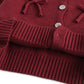 Stylish maroon cotton cardigan for girls, featuring O-neck, long sleeves, ribbed cuffs, and brown buttons. Perfect for fall and winter, available for girls aged 1-6 years in sizes 80-130 cm. Comfortable and fashionable kids’ clothing for cold weather.